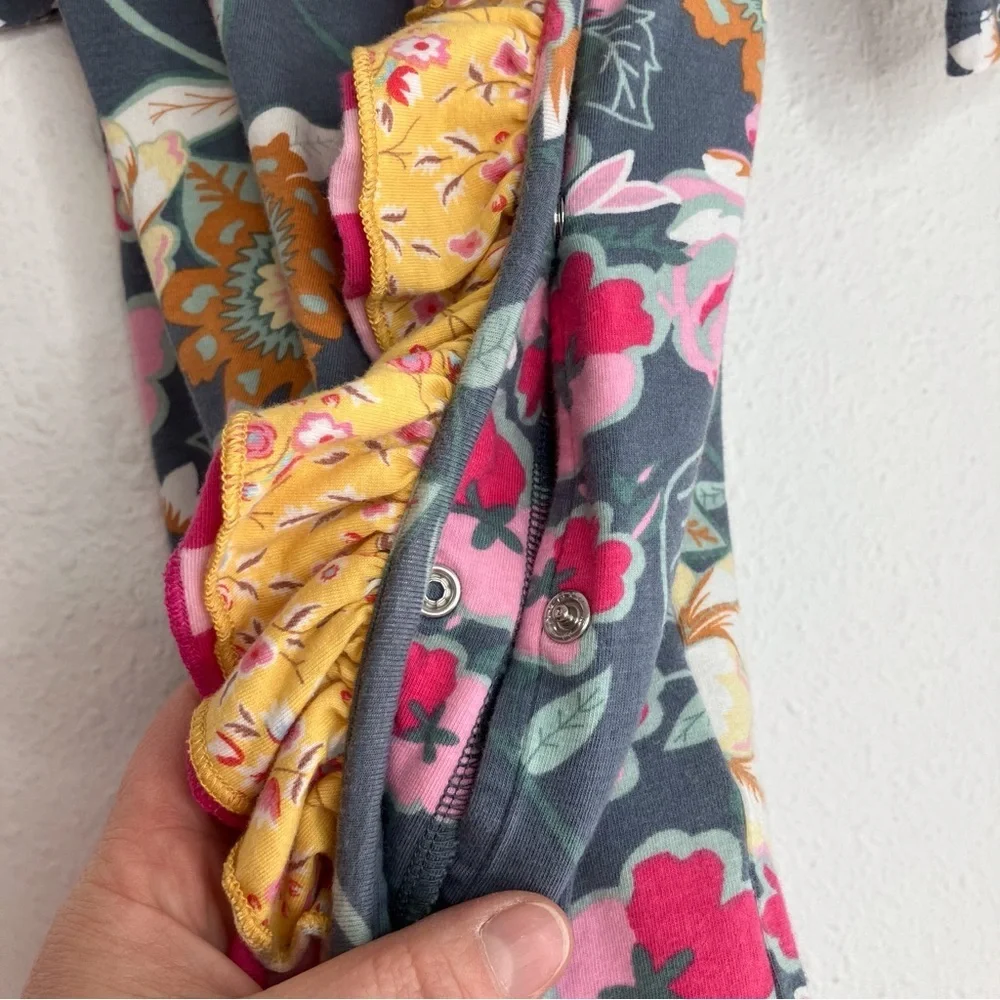Mustard Pie ruffled footie sleeper gray w/ pink and yellow flower print 6 months